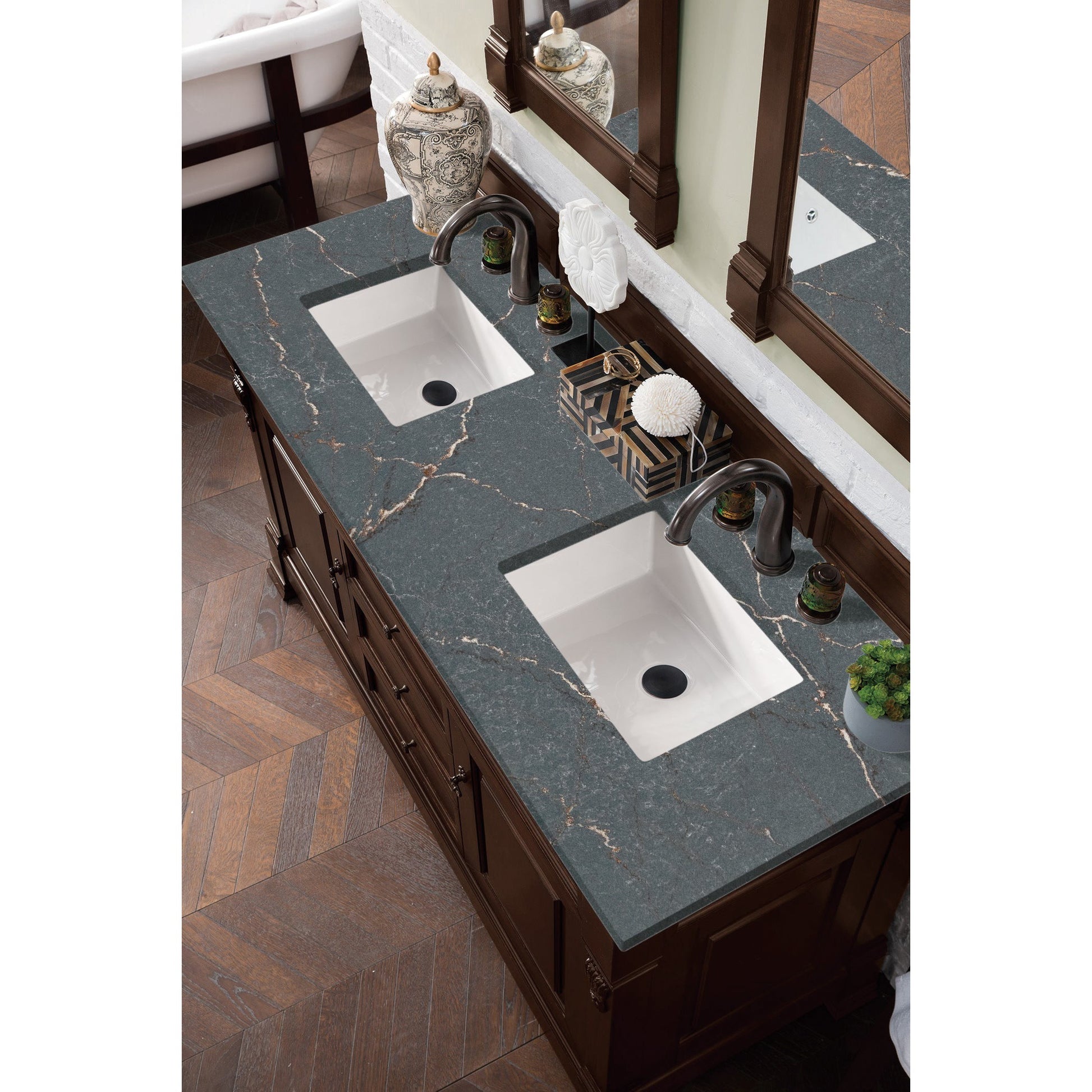 James Martin Vanities Brookfield 60" Burnished Mahogany Double Vanity With 3 cm Parisien Bleu Quartz Top