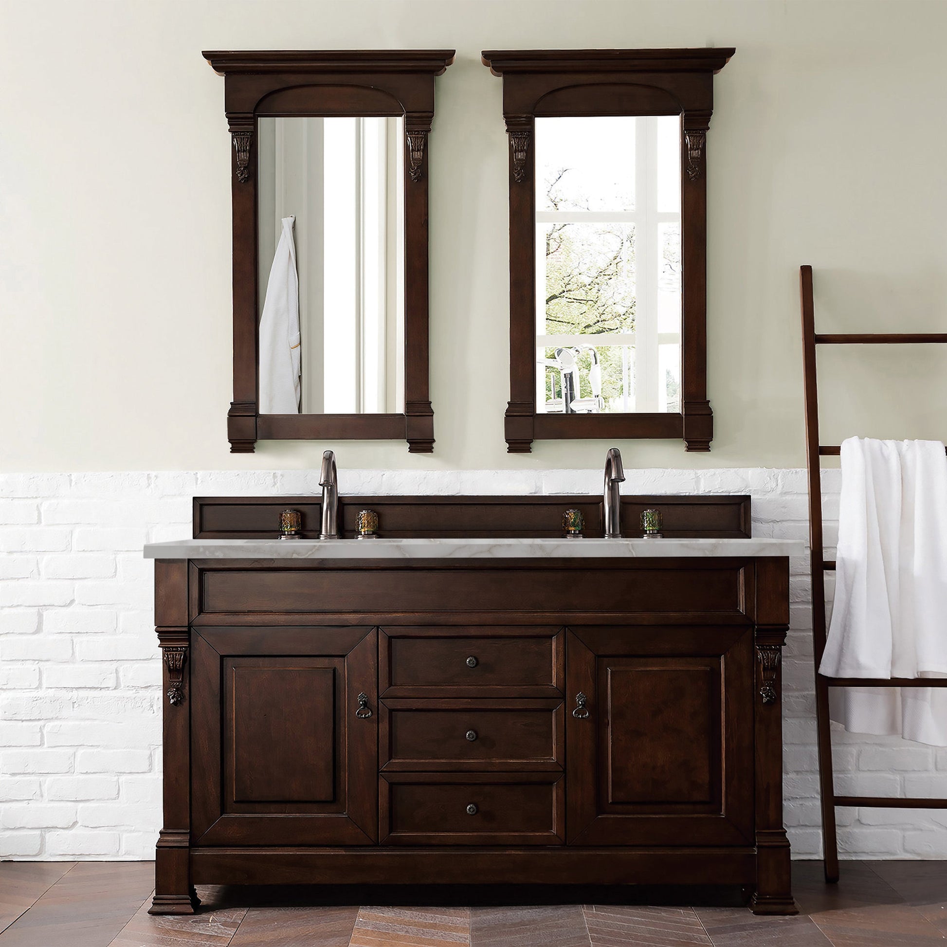 James Martin Vanities Brookfield 60" Burnished Mahogany Double Vanity With 3 cm Victorian Silver Quartz Top