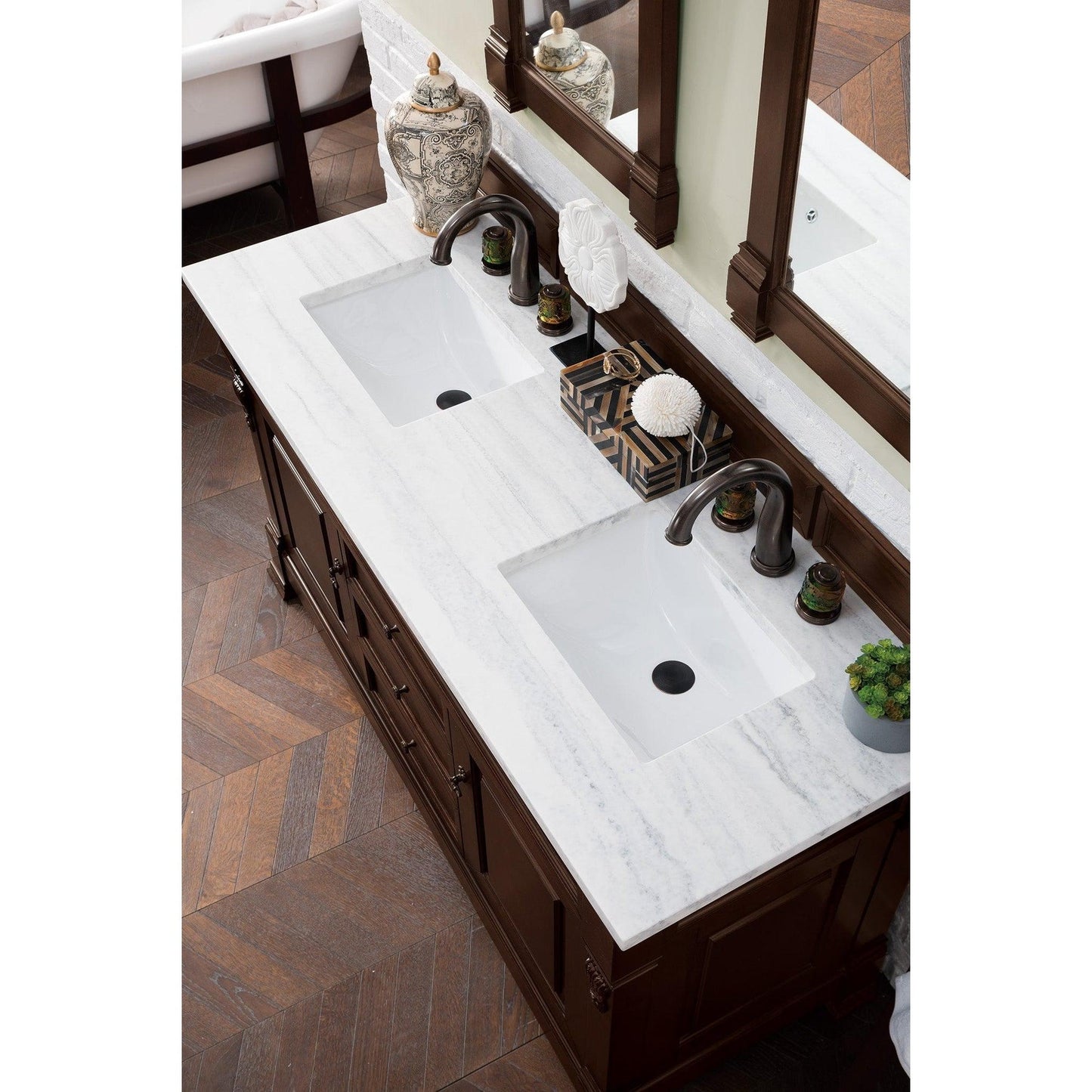 James Martin Vanities Brookfield 60" Burnished Mahogany Double Vanity With 3cm Arctic Fall Solid Surface Top