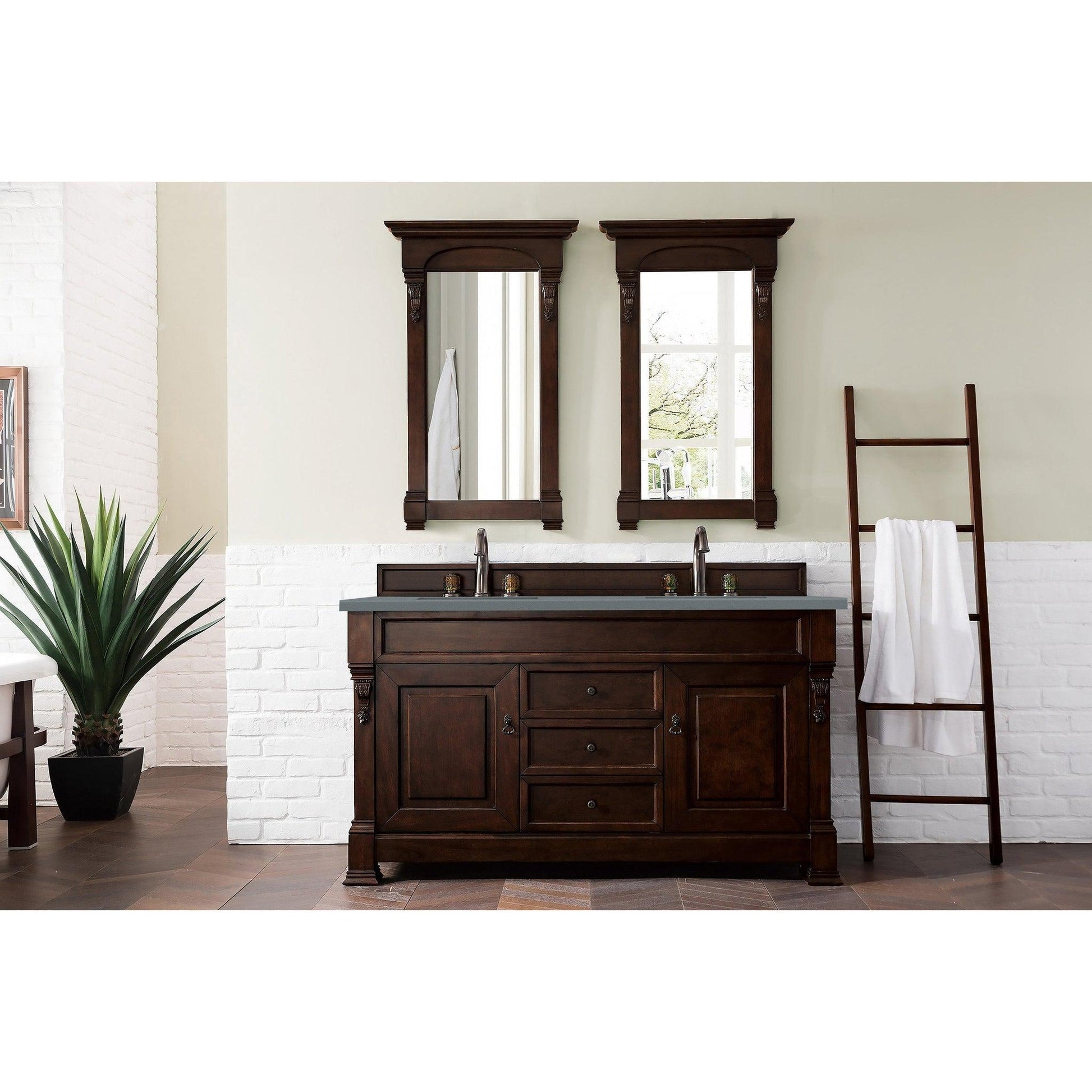 James Martin Vanities Brookfield 60" Burnished Mahogany Double Vanity With 3cm Cala Blue Quartz Top