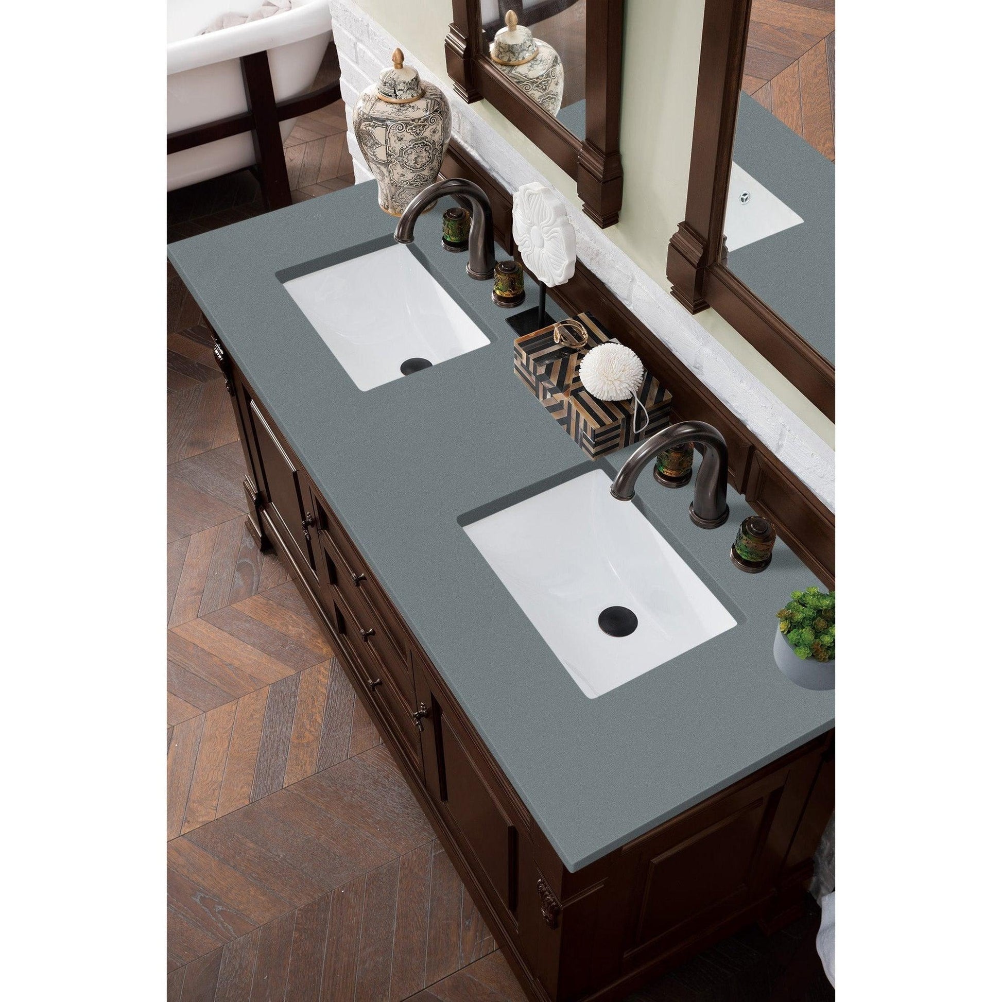 James Martin Vanities Brookfield 60" Burnished Mahogany Double Vanity With 3cm Cala Blue Quartz Top