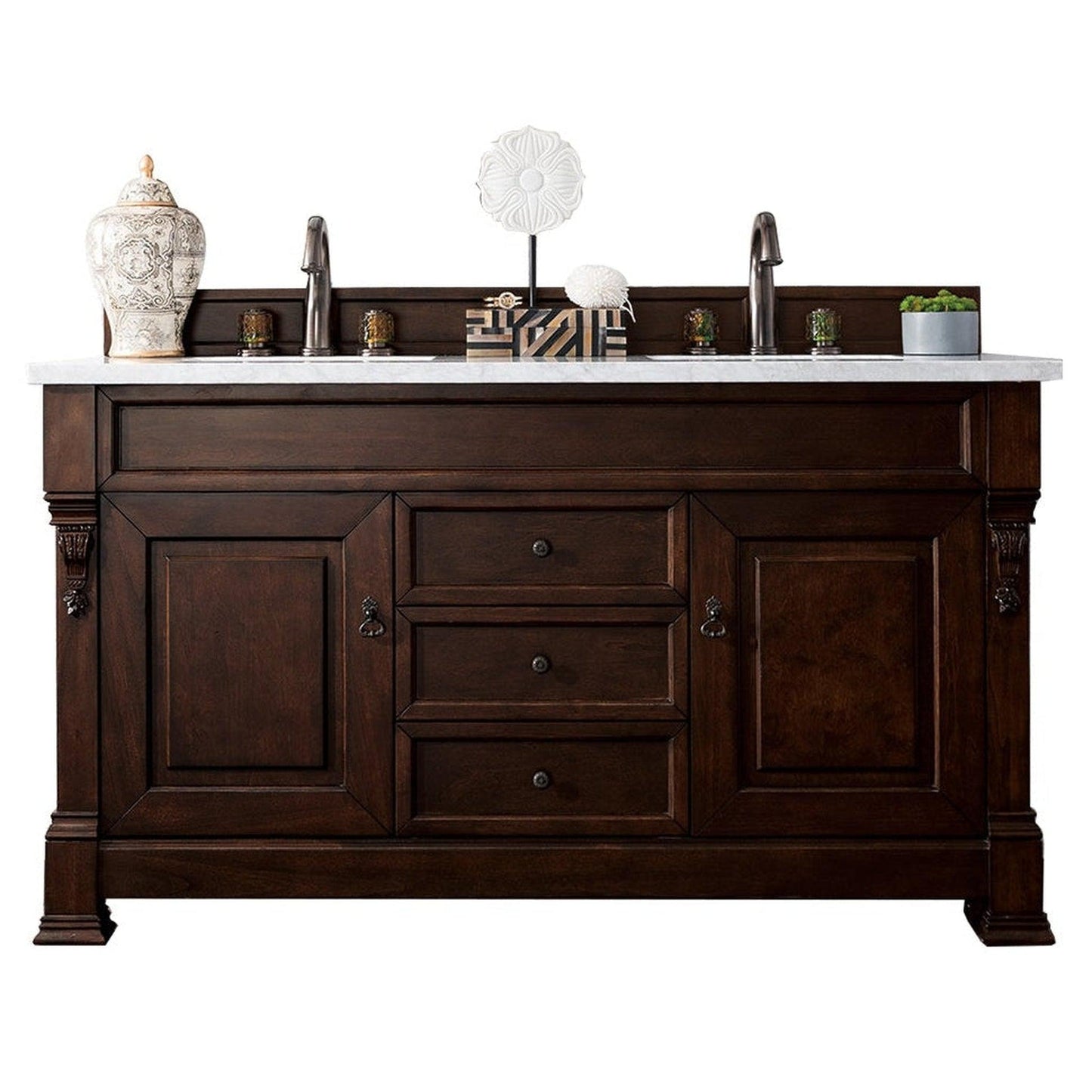 James Martin Vanities Brookfield 60" Burnished Mahogany Double Vanity With 3cm Carrara Marble Top