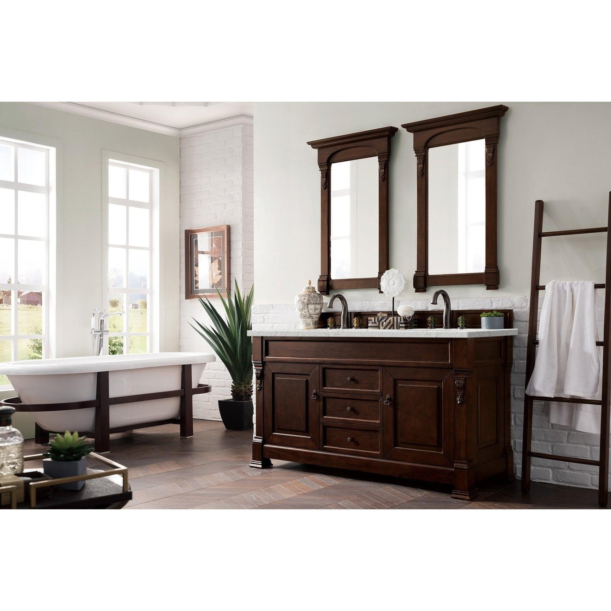 James Martin Vanities Brookfield 60" Burnished Mahogany Double Vanity With 3cm Eternal Jasmine Pearl Quartz Top