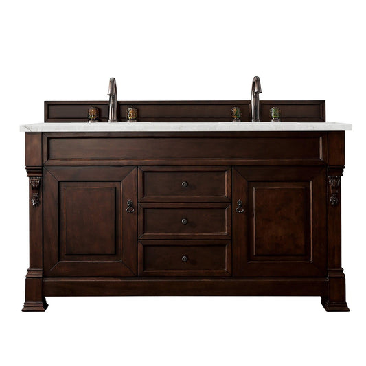 James Martin Vanities Brookfield 60" Burnished Mahogany Double Vanity With 3cm Eternal Jasmine Pearl Quartz Top