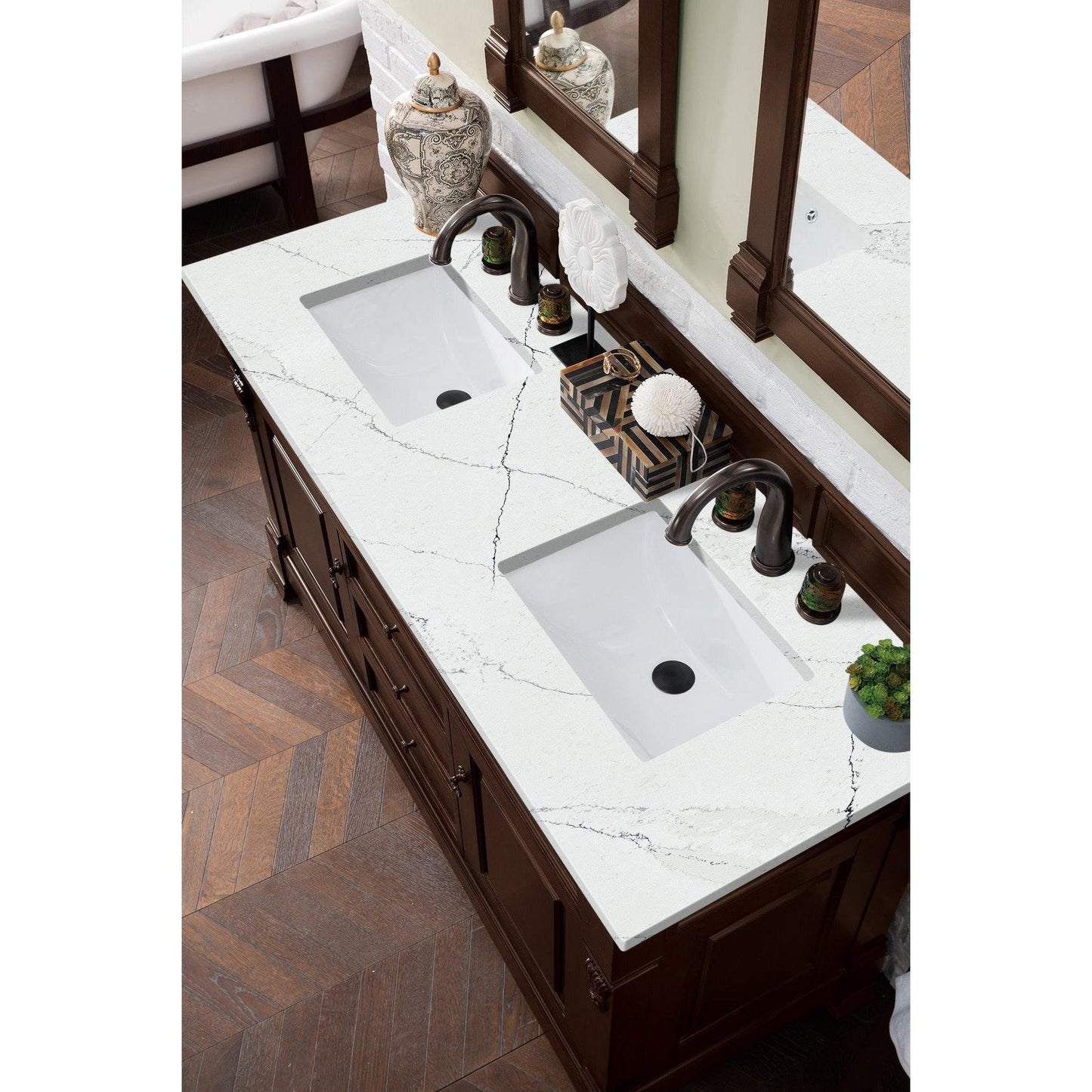 James Martin Vanities Brookfield 60" Burnished Mahogany Double Vanity With 3cm Ethereal Noctis Quartz Top