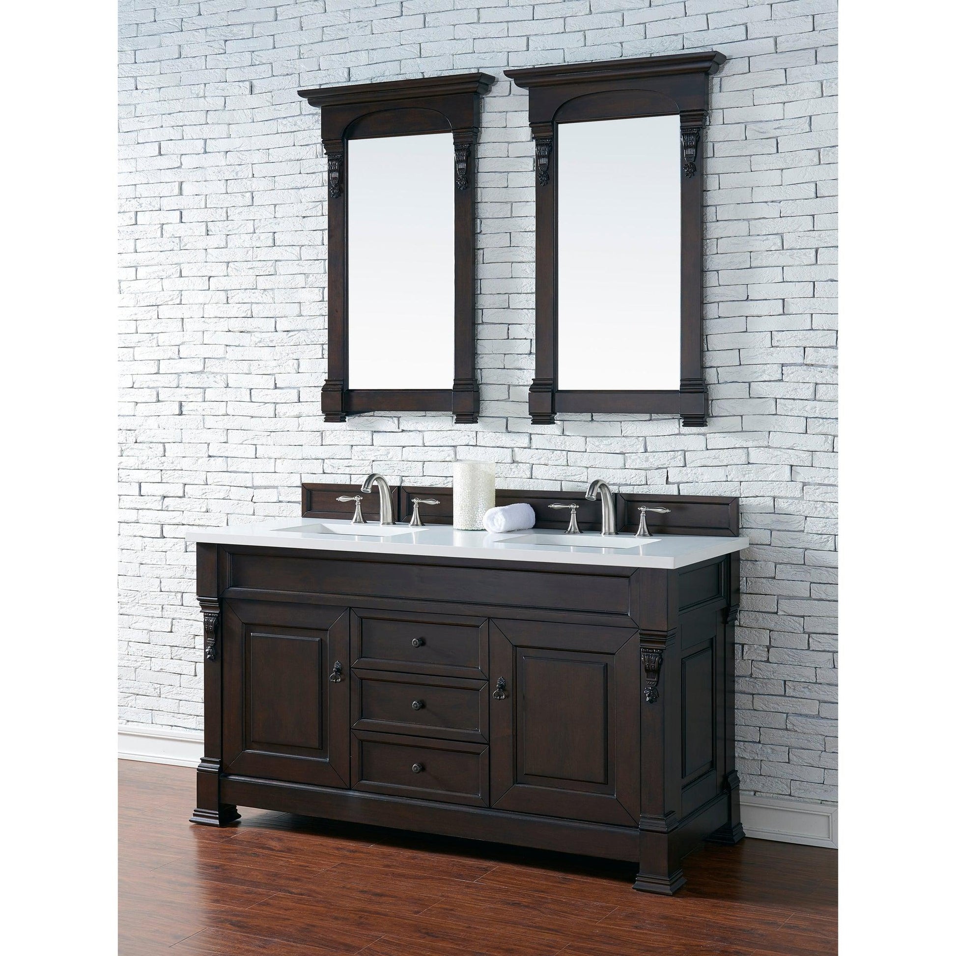 James Martin Vanities Brookfield 60" Burnished Mahogany Double Vanity With 3cm White Zeus Quartz Top