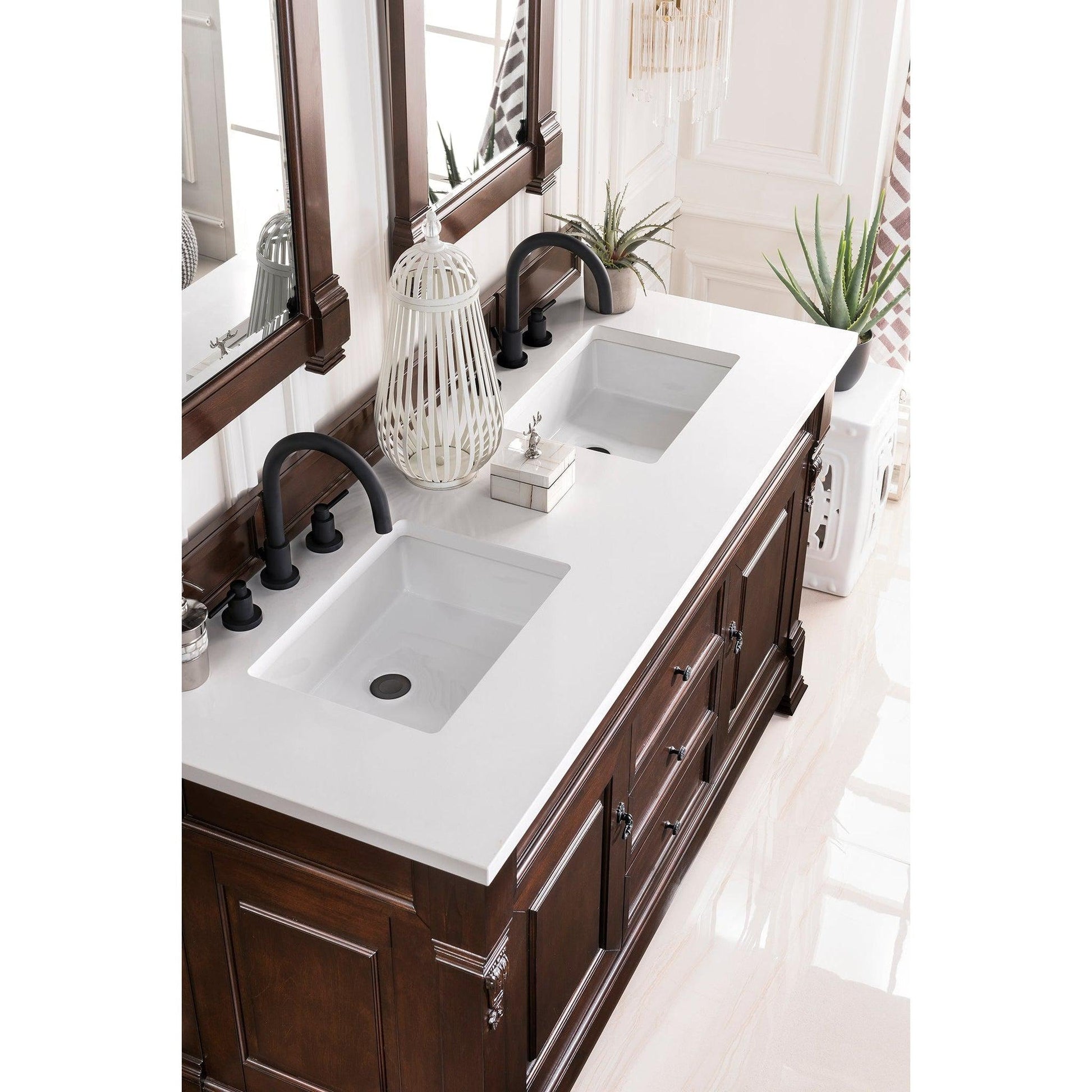 James Martin Vanities Brookfield 60" Burnished Mahogany Double Vanity With 3cm White Zeus Quartz Top