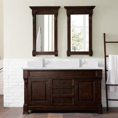 James Martin Vanities Brookfield 60" Burnished Mahogany Double Vanity With Single Hole 3 cm White Zeus Quartz Top & Backsplash