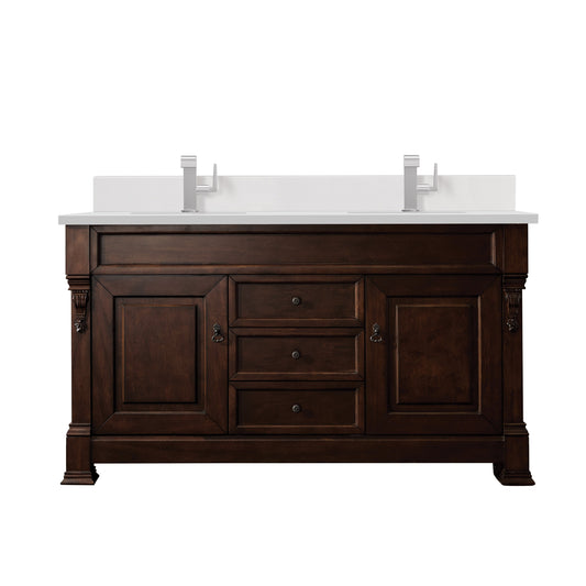 James Martin Vanities Brookfield 60" Burnished Mahogany Double Vanity With Single Hole 3 cm White Zeus Quartz Top & Backsplash