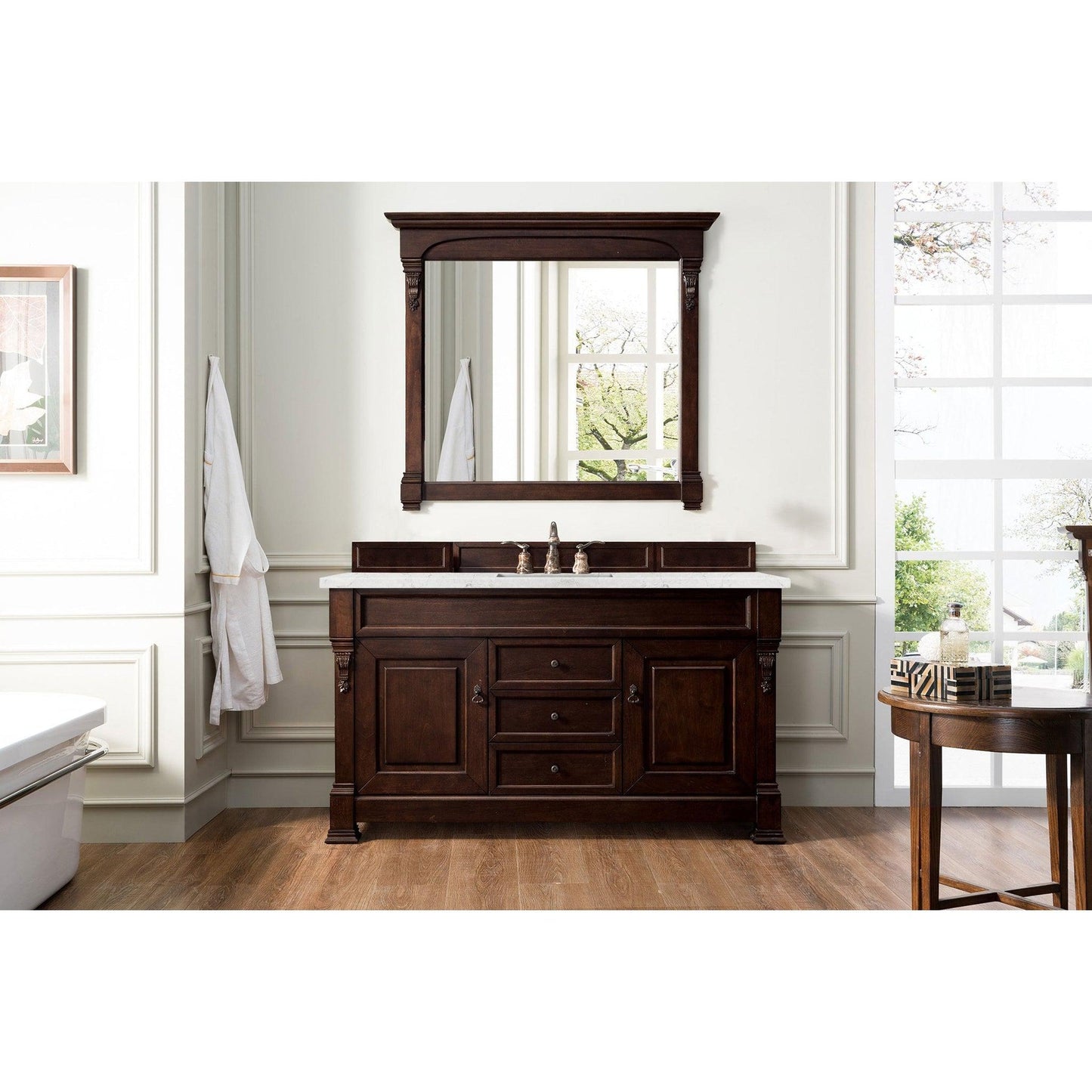 James Martin Vanities Brookfield 60" Burnished Mahogany Single Vanity With 3cm Eternal Jasmine Pearl Quartz Top