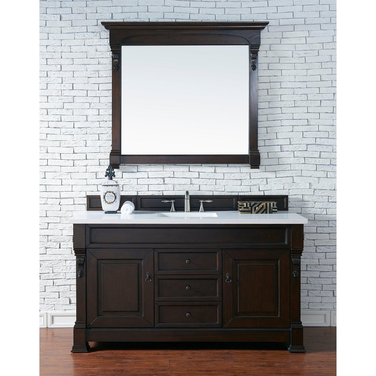 James Martin Vanities Brookfield 60" Burnished Mahogany Single Vanity With 3cm White Zeus Quartz Top