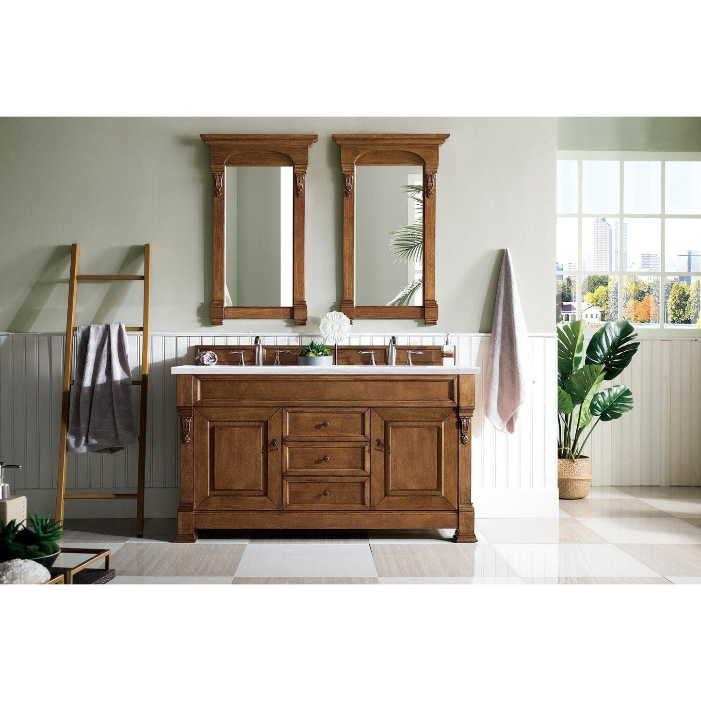 James Martin Vanities Brookfield 60" Country Oak Double Vanity With 3cm Arctic Fall Solid Surface Top