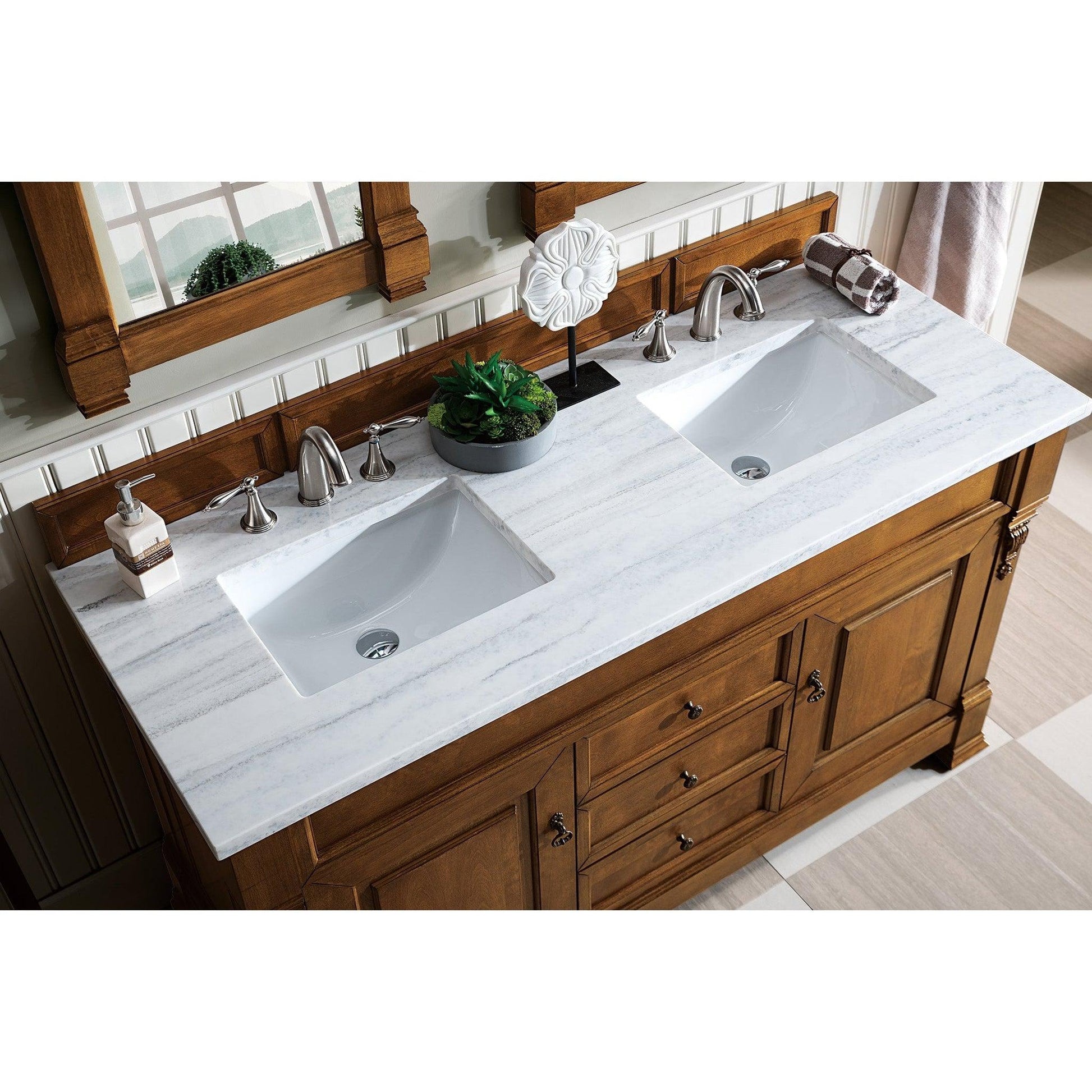 James Martin Vanities Brookfield 60" Country Oak Double Vanity With 3cm Arctic Fall Solid Surface Top