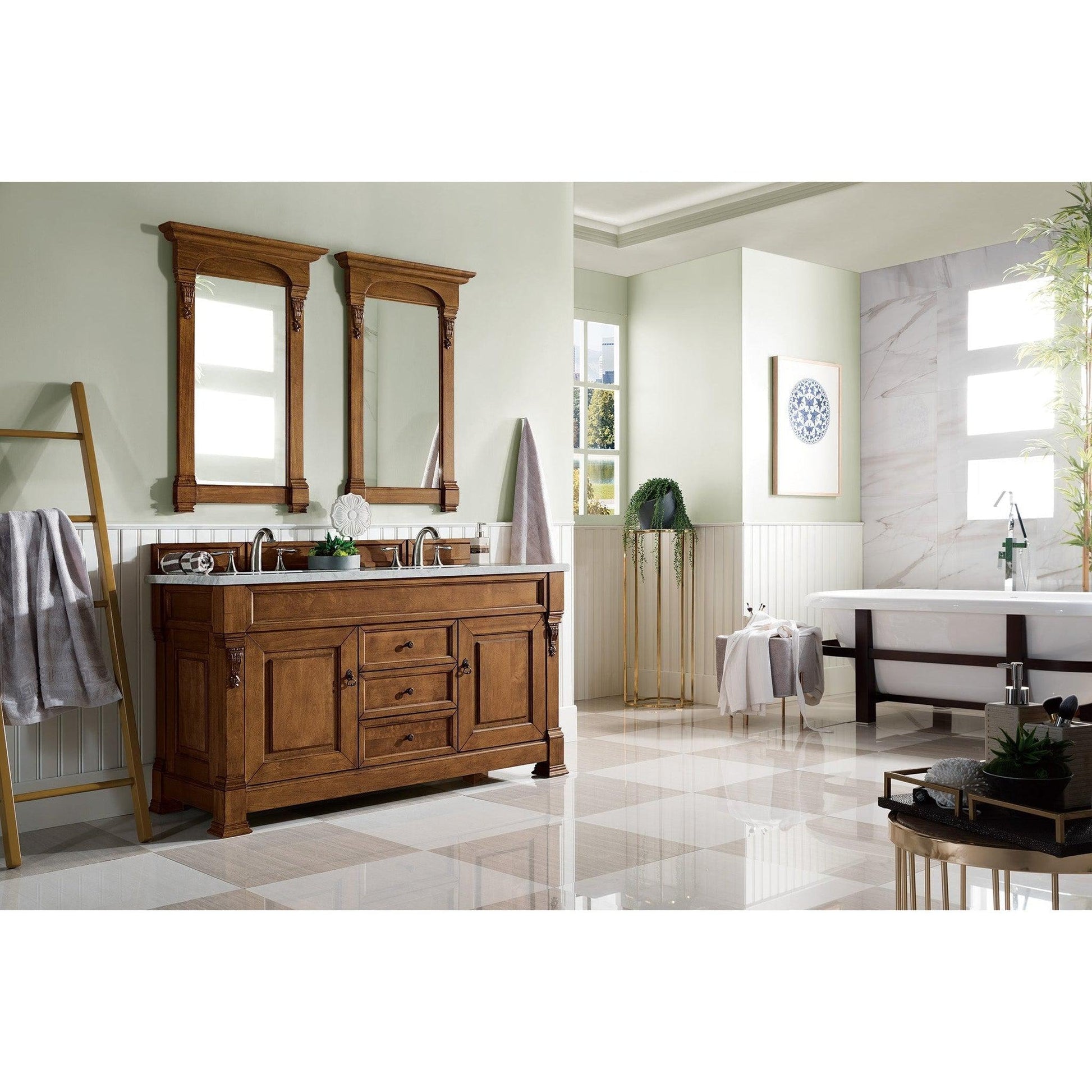 James Martin Vanities Brookfield 60" Country Oak Double Vanity With 3cm Carrara Marble Top