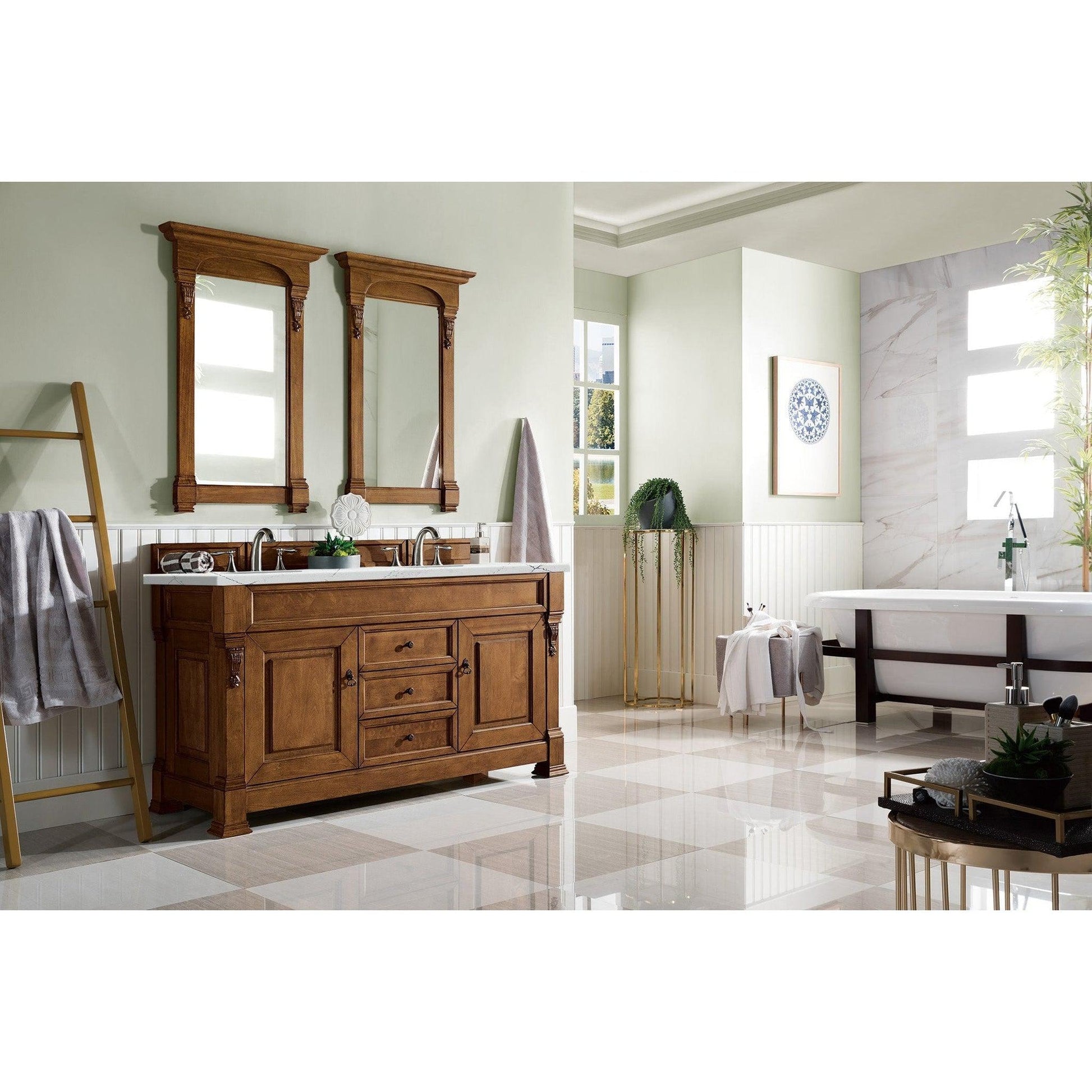 James Martin Vanities Brookfield 60" Country Oak Double Vanity With 3cm Ethereal Noctis Quartz Top