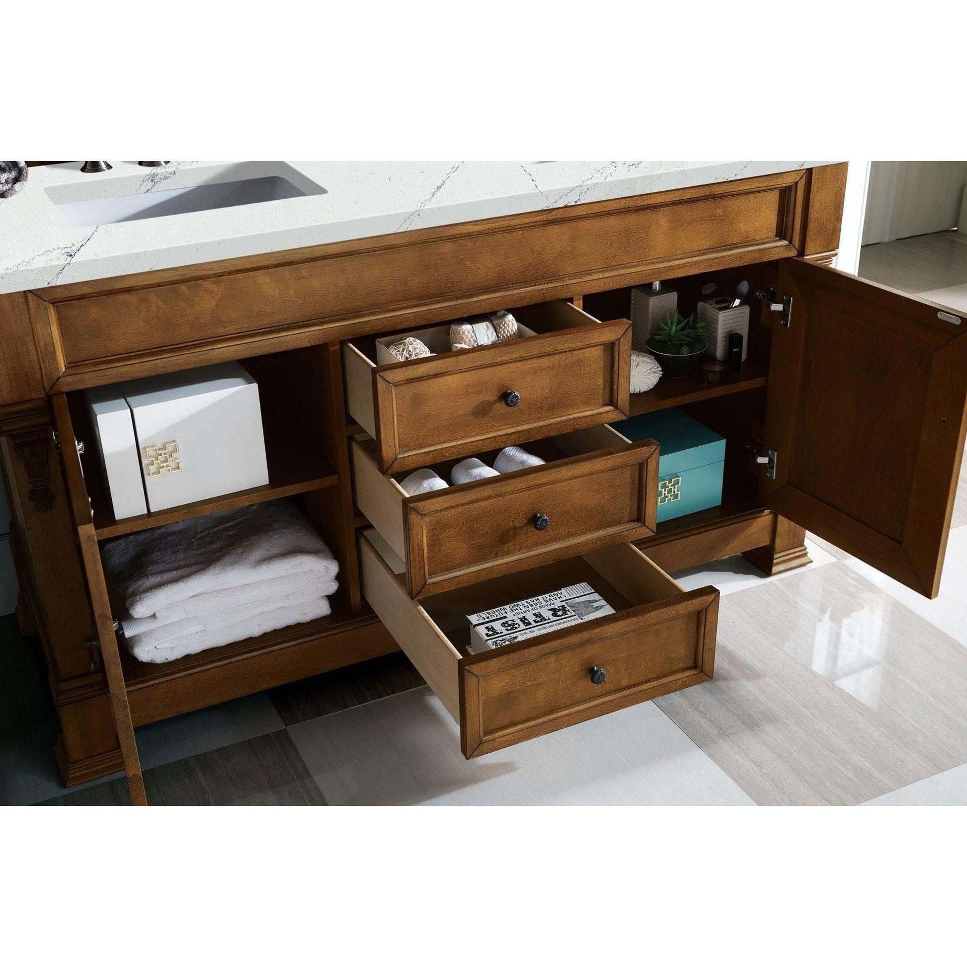 James Martin Vanities Brookfield 60" Country Oak Double Vanity With 3cm Ethereal Noctis Quartz Top