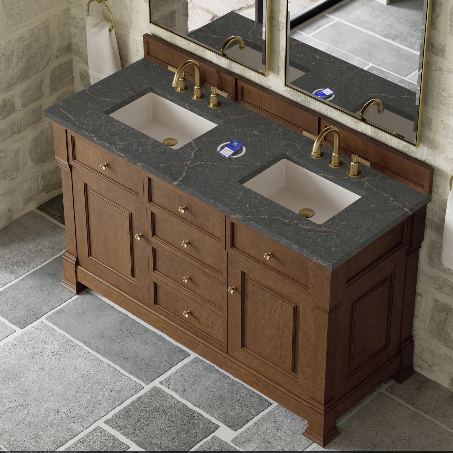 James Martin Vanities Brookfield 60" Honey Oak Double Vanity With 3 cm Parisien Bleu Silestone Top and FreePower Wireless Charger