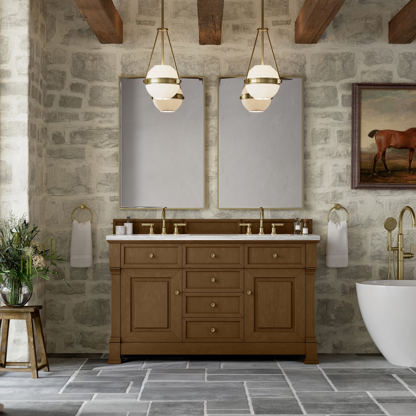 James Martin Vanities Brookfield 60" Honey Oak Double Vanity With 3cm Arctic Fall Solid Surface Top