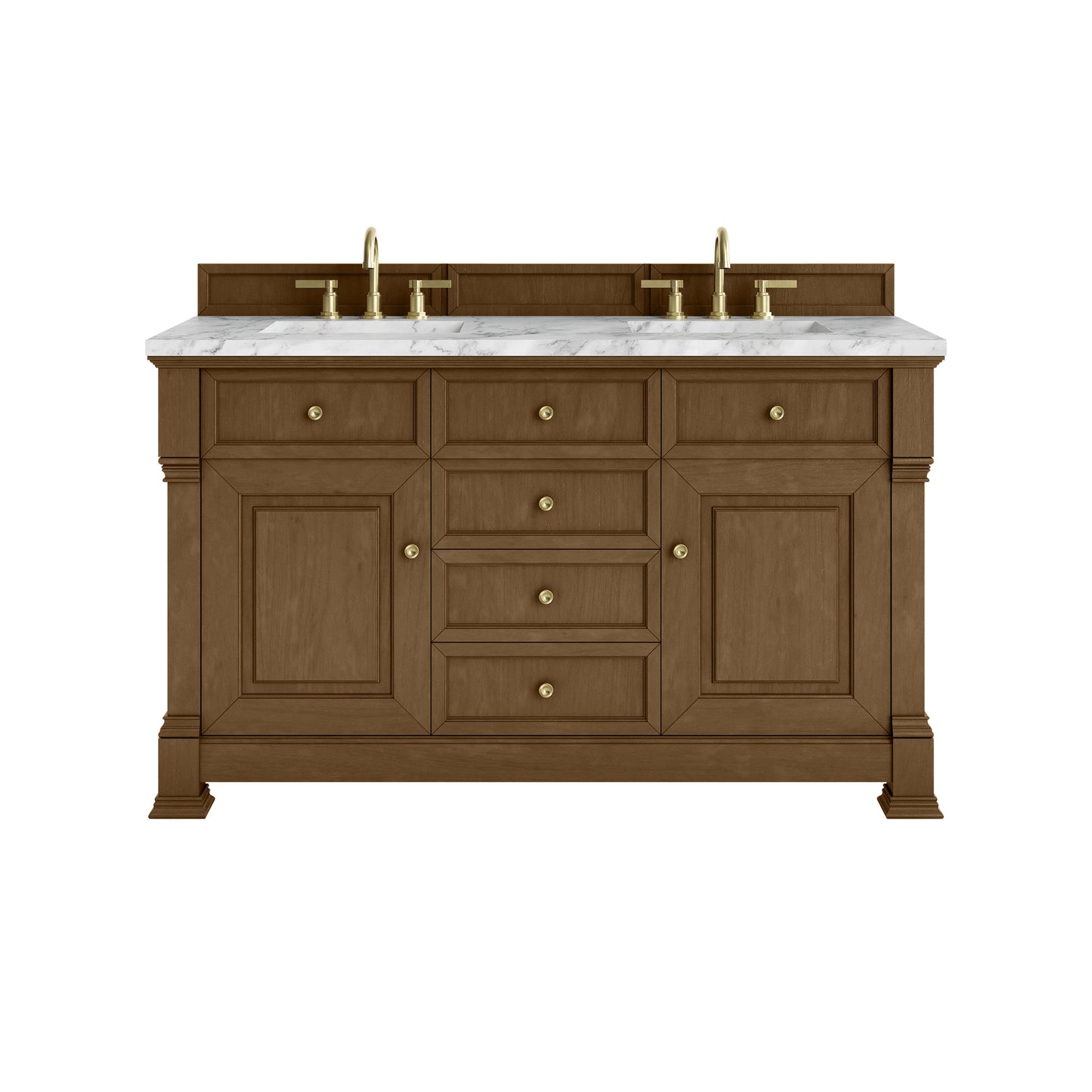 James Martin Vanities Brookfield 60" Honey Oak Double Vanity With 3cm Carrara White Marble Top