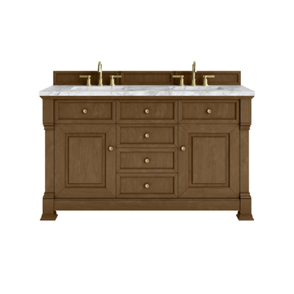 James Martin Vanities Brookfield 60" Honey Oak Double Vanity With 3cm Carrara White Marble Top