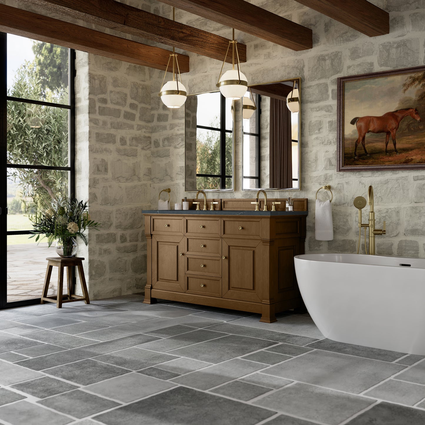 James Martin Vanities Brookfield 60" Honey Oak Double Vanity With 3cm Charcoal Soapstone Silestone Top