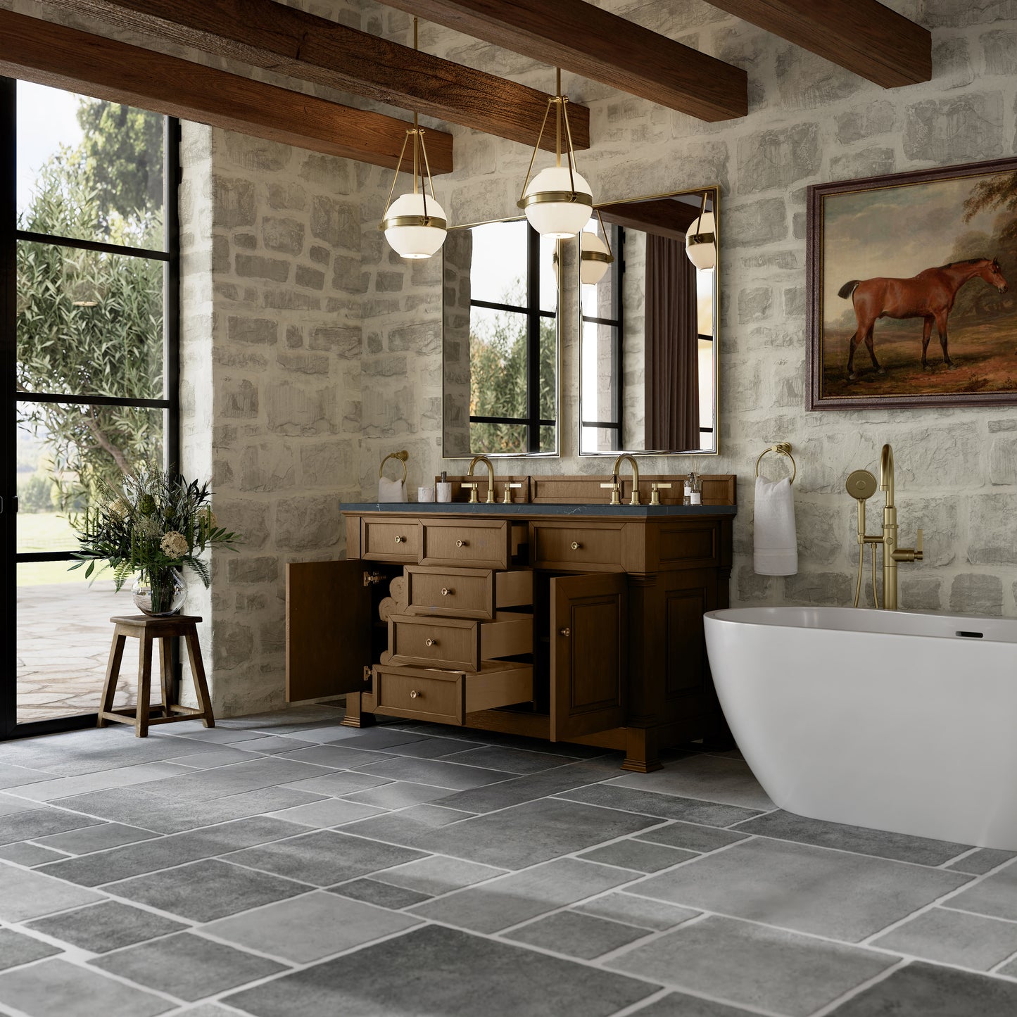 James Martin Vanities Brookfield 60" Honey Oak Double Vanity With 3cm Charcoal Soapstone Silestone Top