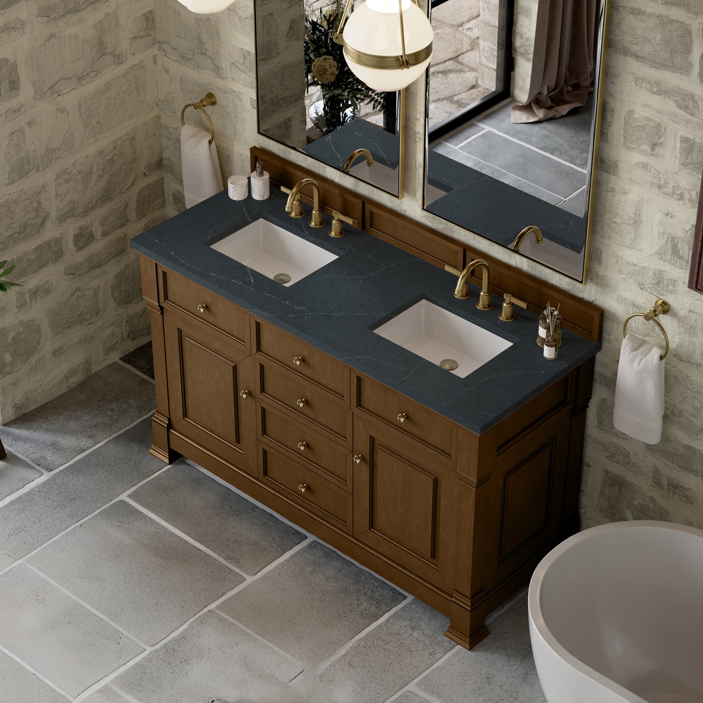 James Martin Vanities Brookfield 60" Honey Oak Double Vanity With 3cm Charcoal Soapstone Silestone Top