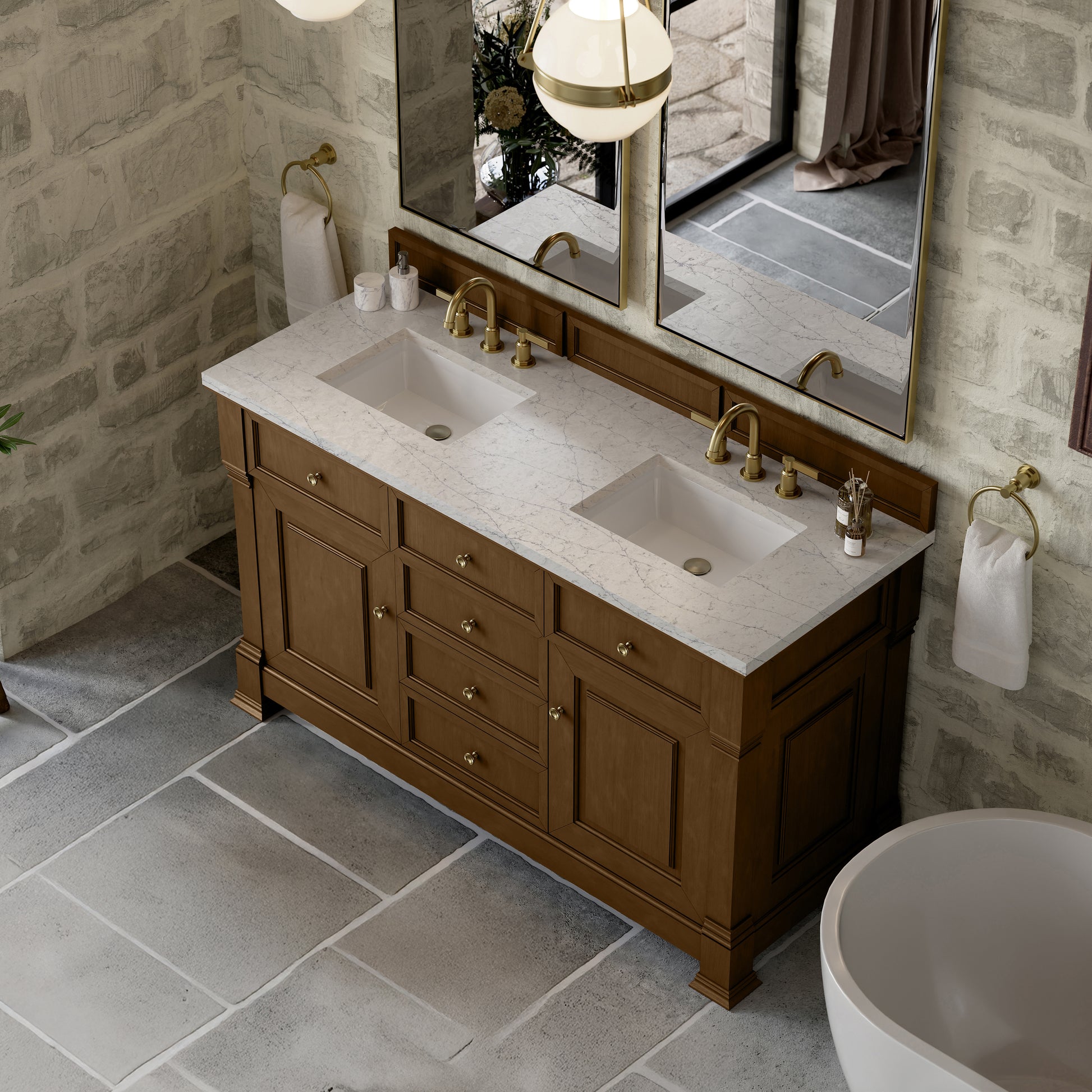James Martin Vanities Brookfield 60" Honey Oak Double Vanity With 3cm Eternal Jasmine Pearl Silestone Top