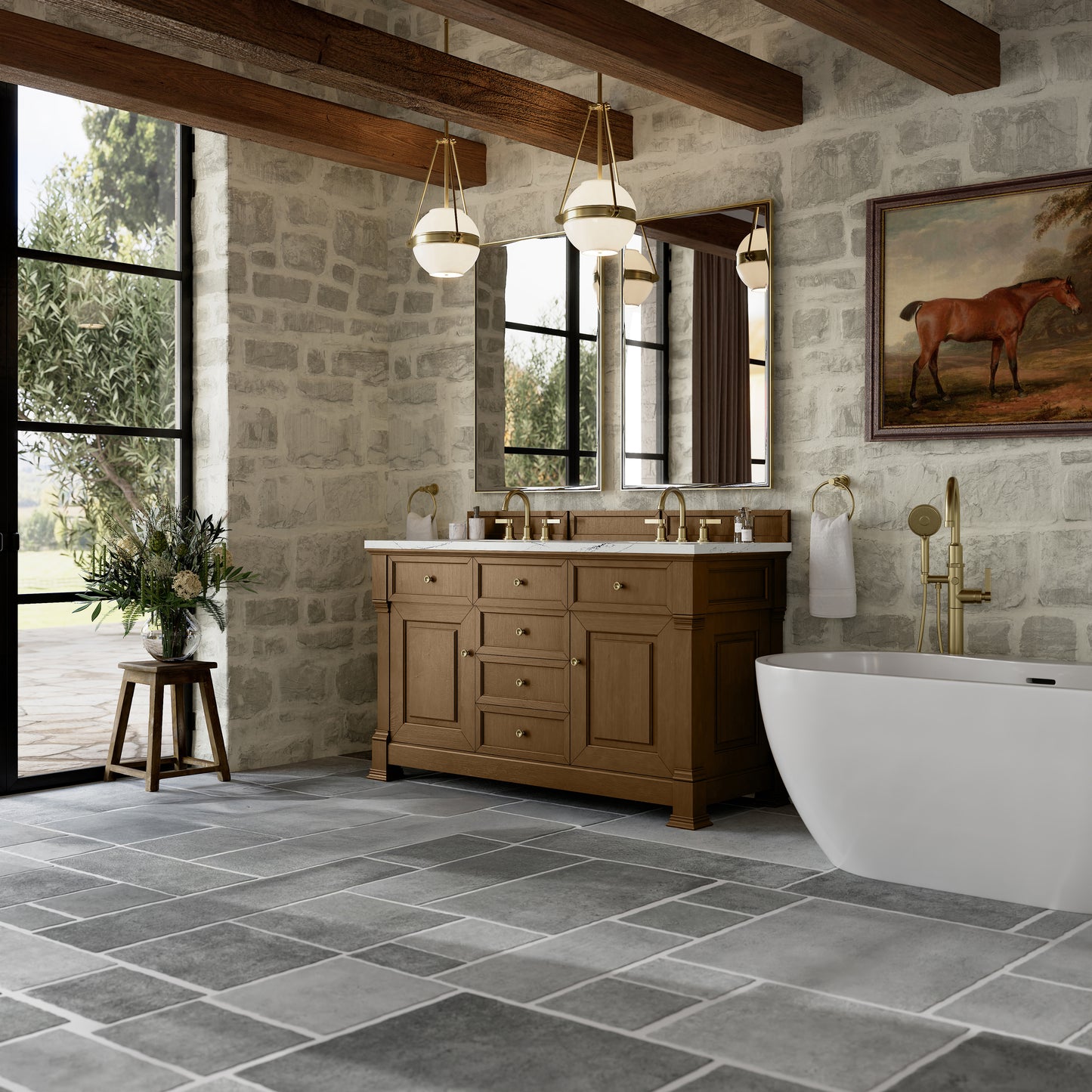 James Martin Vanities Brookfield 60" Honey Oak Double Vanity With 3cm Ethereal Noctis Silestone Top