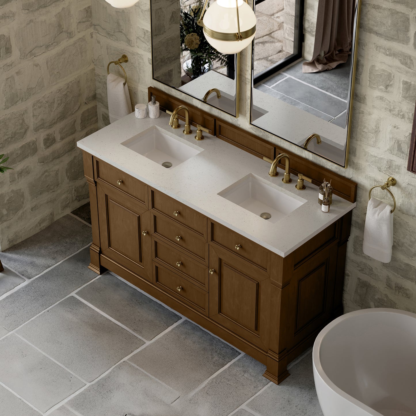 James Martin Vanities Brookfield 60" Honey Oak Double Vanity With 3cm Lime Delight Silestone Top