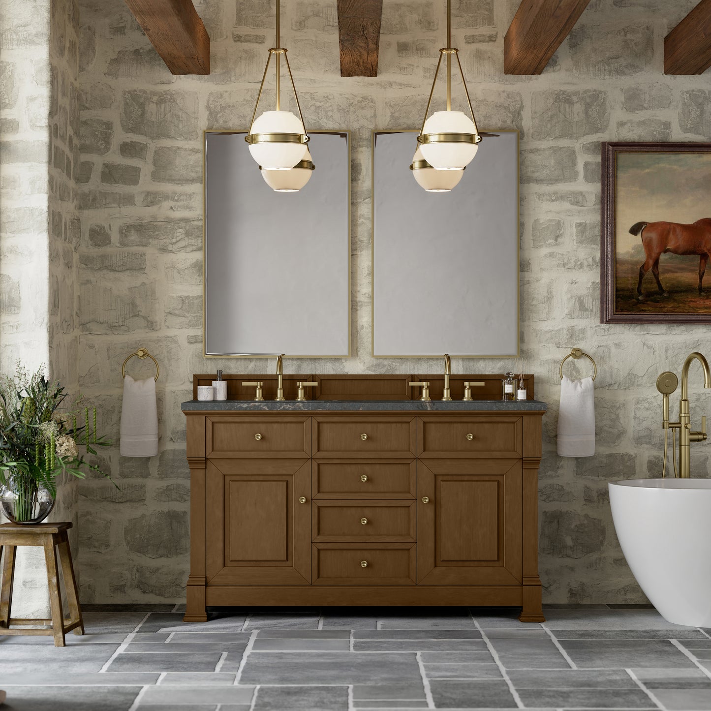 James Martin Vanities Brookfield 60" Honey Oak Double Vanity With 3cm Parisien Bleu Silestone Top