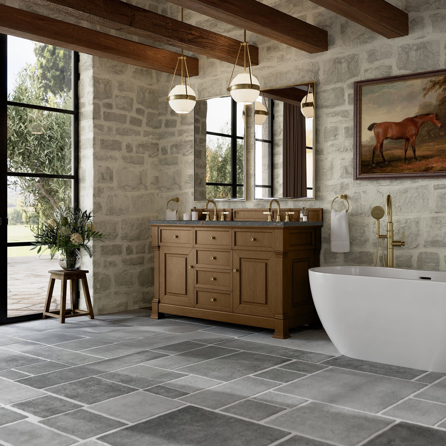 James Martin Vanities Brookfield 60" Honey Oak Double Vanity With 3cm Parisien Bleu Silestone Top