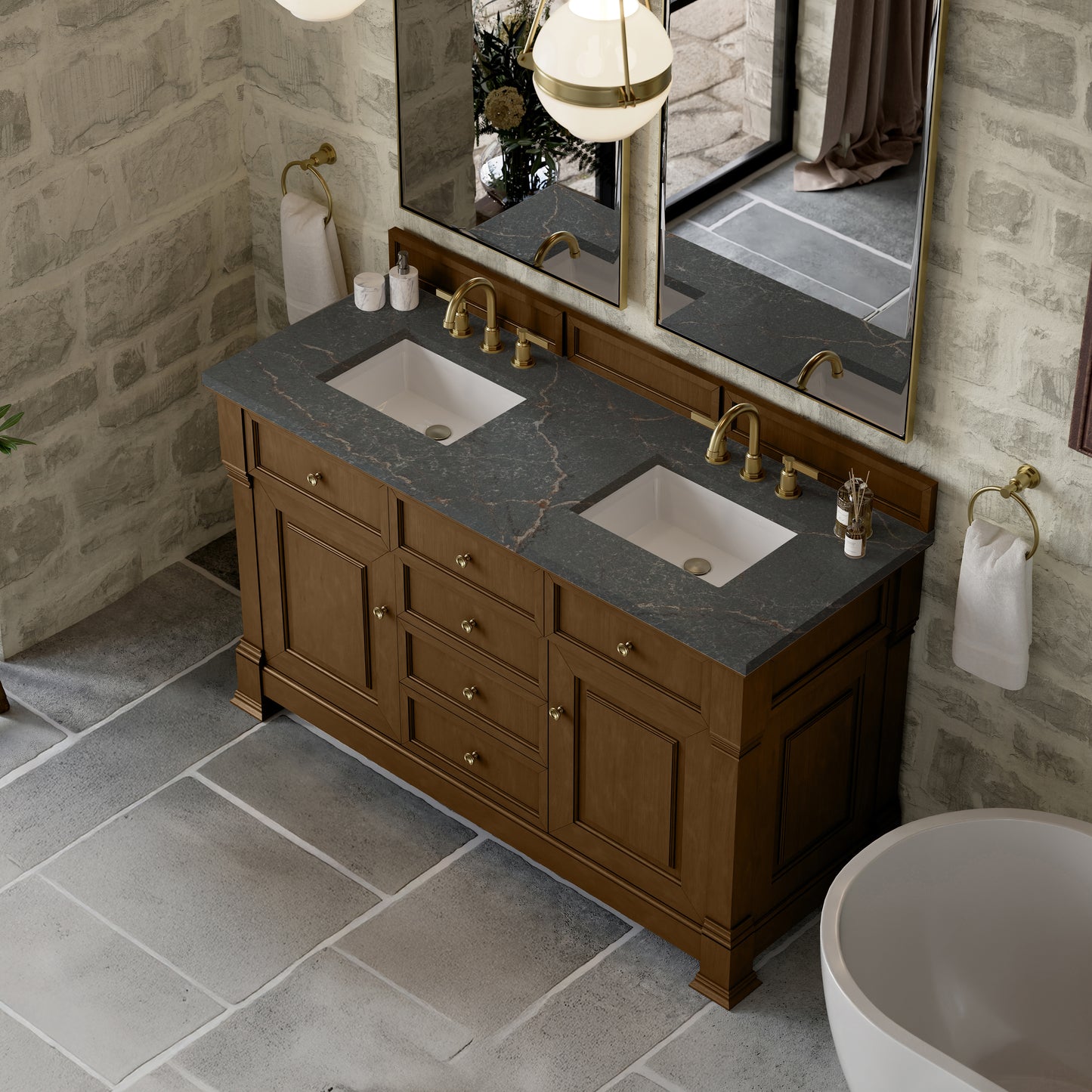 James Martin Vanities Brookfield 60" Honey Oak Double Vanity With 3cm Parisien Bleu Silestone Top