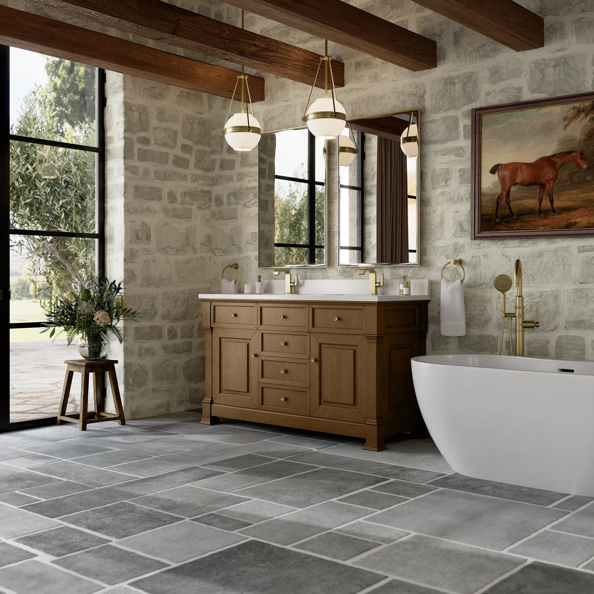 James Martin Vanities Brookfield 60" Honey Oak Double Vanity With Single Hole 3cm White Zeus Silestone Top and Backsplash