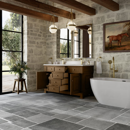 James Martin Vanities Brookfield 60" Honey Oak Double Vanity With Single Hole 3cm White Zeus Silestone Top and Backsplash