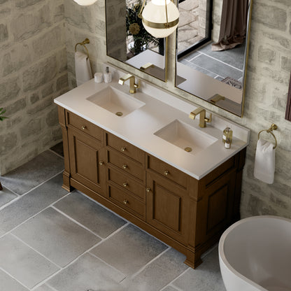 James Martin Vanities Brookfield 60" Honey Oak Double Vanity With Single Hole 3cm White Zeus Silestone Top and Backsplash