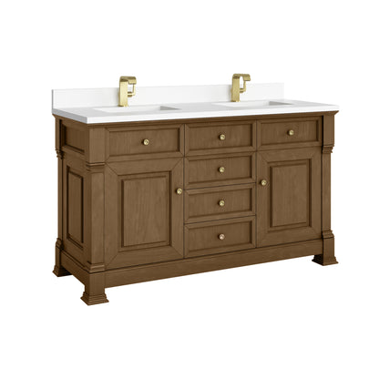 James Martin Vanities Brookfield 60" Honey Oak Double Vanity With Single Hole 3cm White Zeus Silestone Top and Backsplash