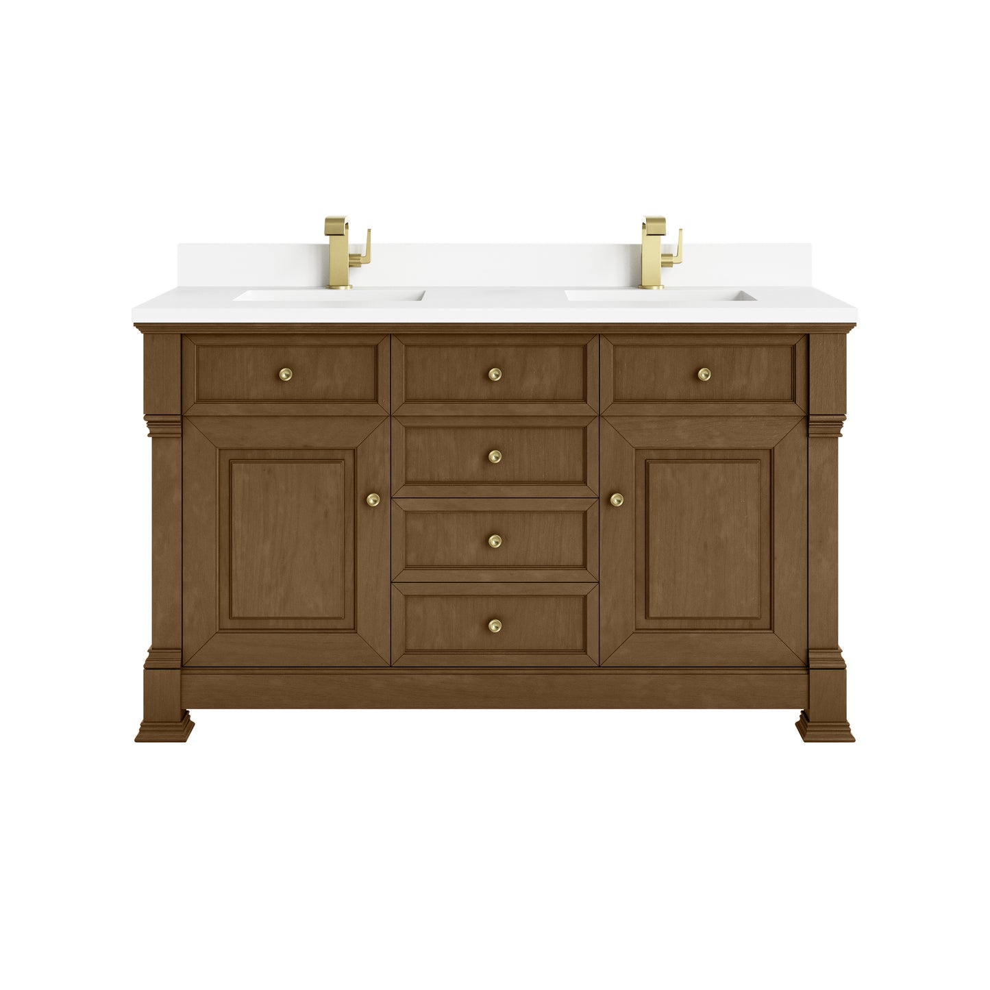James Martin Vanities Brookfield 60" Honey Oak Double Vanity With Single Hole 3cm White Zeus Silestone Top and Backsplash