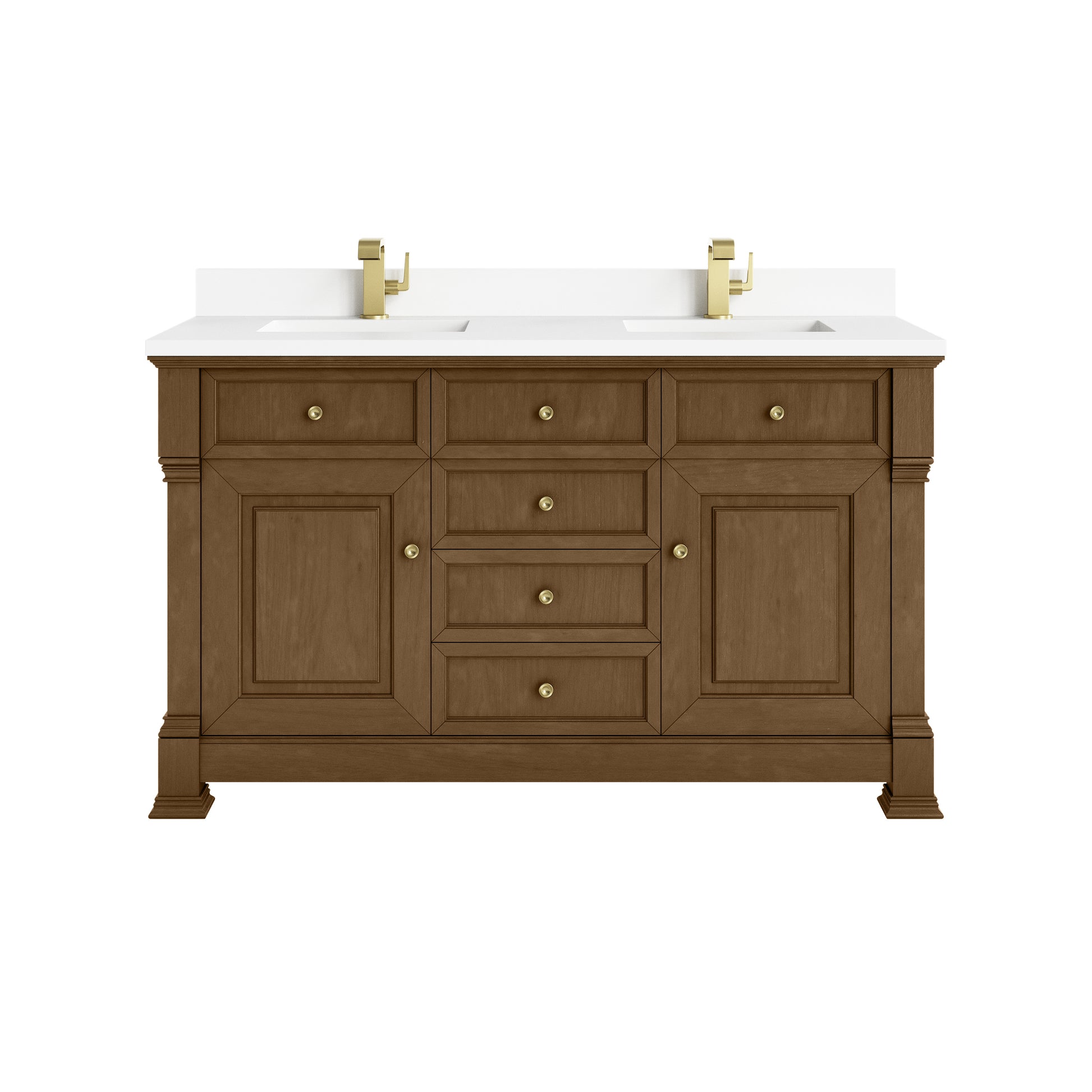 James Martin Vanities Brookfield 60" Honey Oak Double Vanity With Single Hole 3cm White Zeus Silestone Top and Backsplash