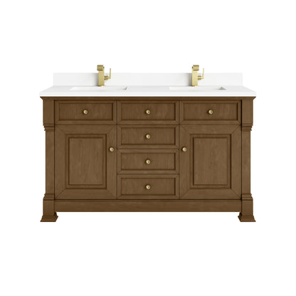 James Martin Vanities Brookfield 60" Honey Oak Double Vanity With Single Hole 3cm White Zeus Silestone Top and Backsplash