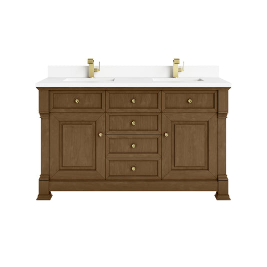 James Martin Vanities Brookfield 60" Honey Oak Double Vanity With Single Hole 3cm White Zeus Silestone Top and Backsplash