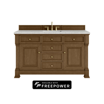 James Martin Vanities Brookfield 60" Honey Oak Single Vanity With 3cm Eternal Jasmine Pearl Silestone Top With FreePower Wireless Charger