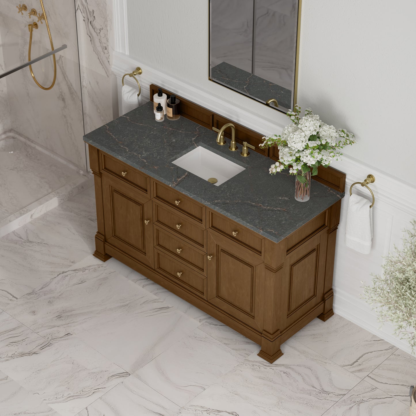 James Martin Vanities Brookfield 60" Honey Oak Single Vanity With 3cm Parisien Bleu Silestone Top With FreePower Wireless Charger
