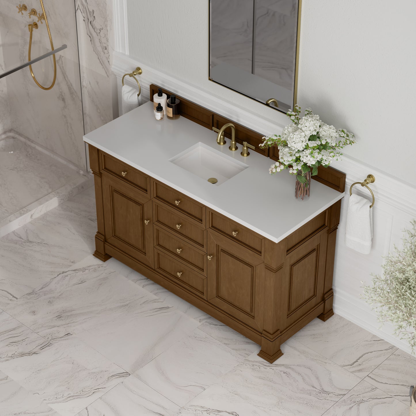 James Martin Vanities Brookfield 60" Honey Oak Single Vanity With 3cm White Zeus Silestone Top