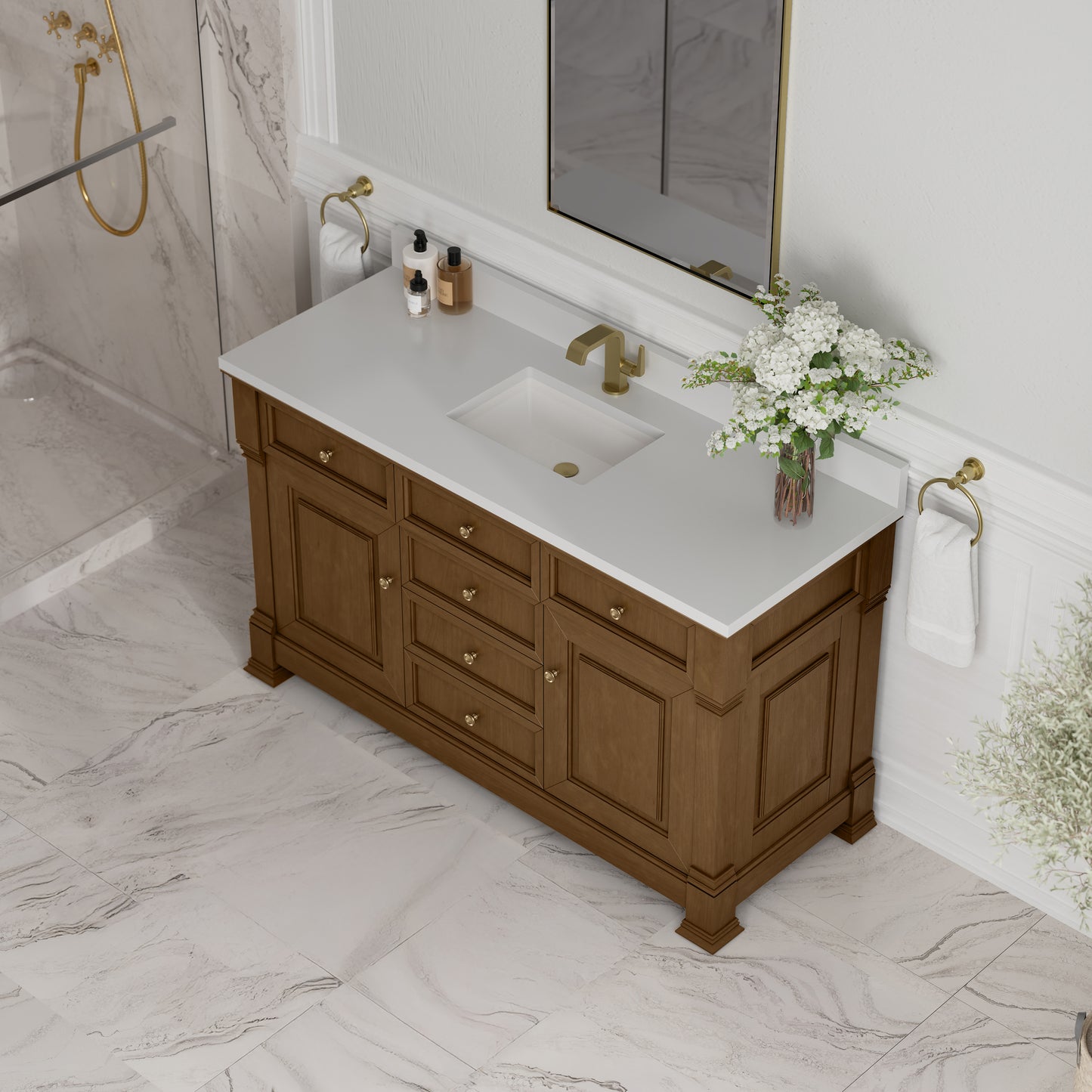 James Martin Vanities Brookfield 60" Honey Oak Single Vanity With Single Hole 3cm White Zeus Silestone Top and Backsplash