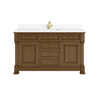 James Martin Vanities Brookfield 60" Honey Oak Single Vanity With Single Hole 3cm White Zeus Silestone Top and Backsplash