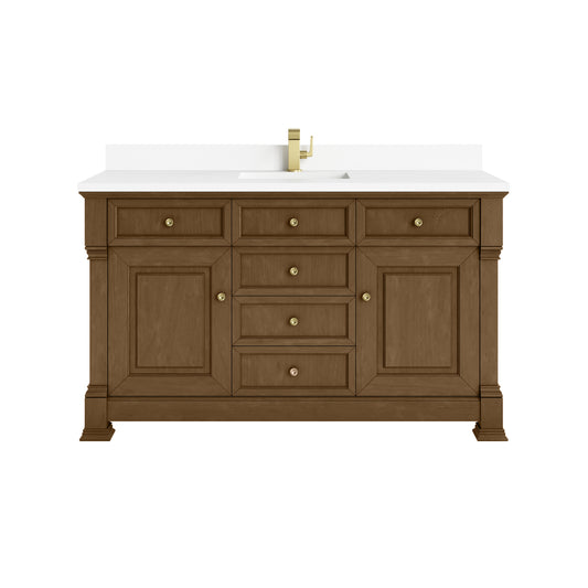 James Martin Vanities Brookfield 60" Honey Oak Single Vanity With Single Hole 3cm White Zeus Silestone Top and Backsplash