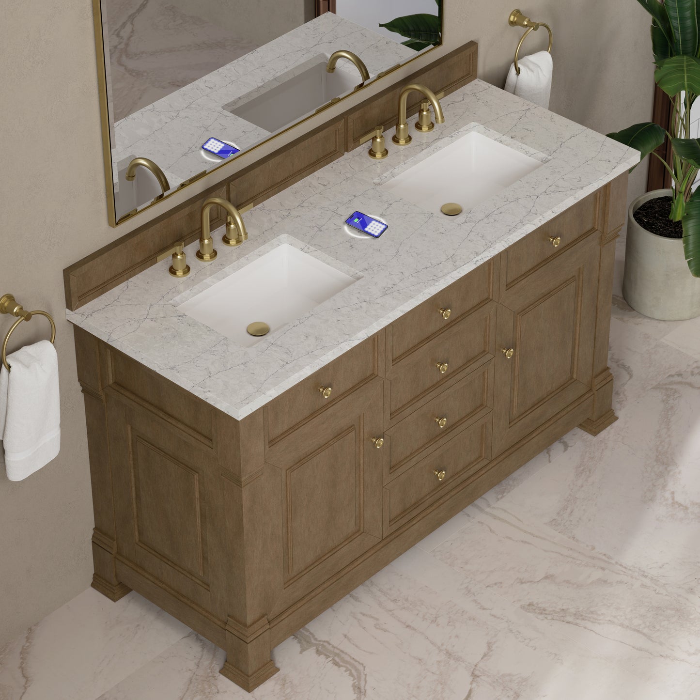James Martin Vanities Brookfield 60" Pecan Double Vanity With 3 cm Eternal Jasmine Pearl Silestone Top and FreePower Wireless Charger