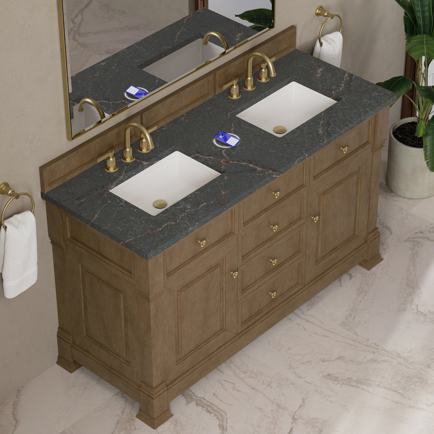 James Martin Vanities Brookfield 60" Pecan Double Vanity With 3 cm Parisien Bleu Silestone Top and FreePower Wireless Charger