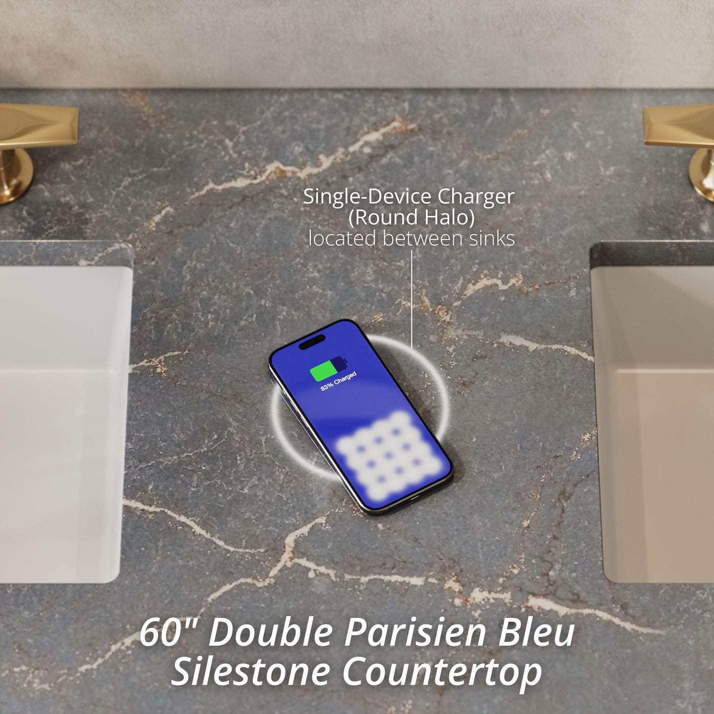 James Martin Vanities Brookfield 60" Pecan Double Vanity With 3 cm Parisien Bleu Silestone Top and FreePower Wireless Charger